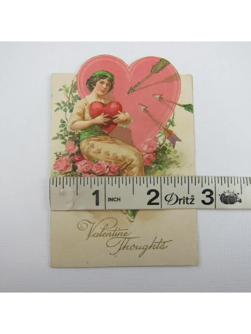 Vintage Valentine 1920s Girl Pink Heart Target Gold Arrows Pink Roses Red Heart